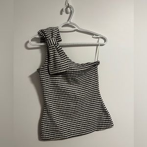 RW&Co one shoulder black and white bow top